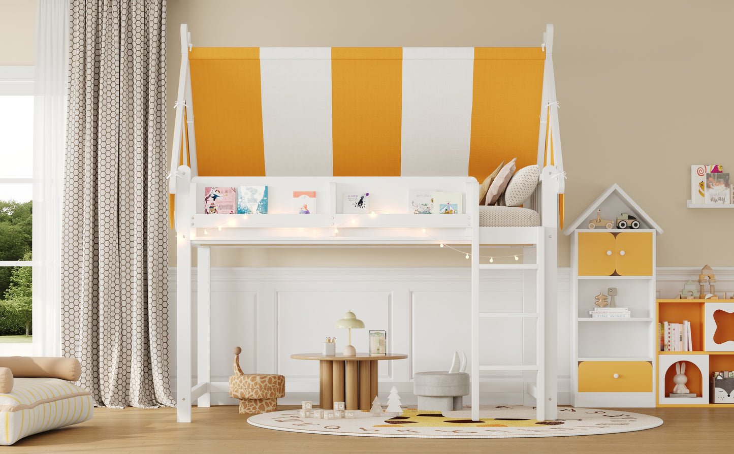 Full Size Loft Bed with Canopy, LED Lights & Book Shelf, White image 6