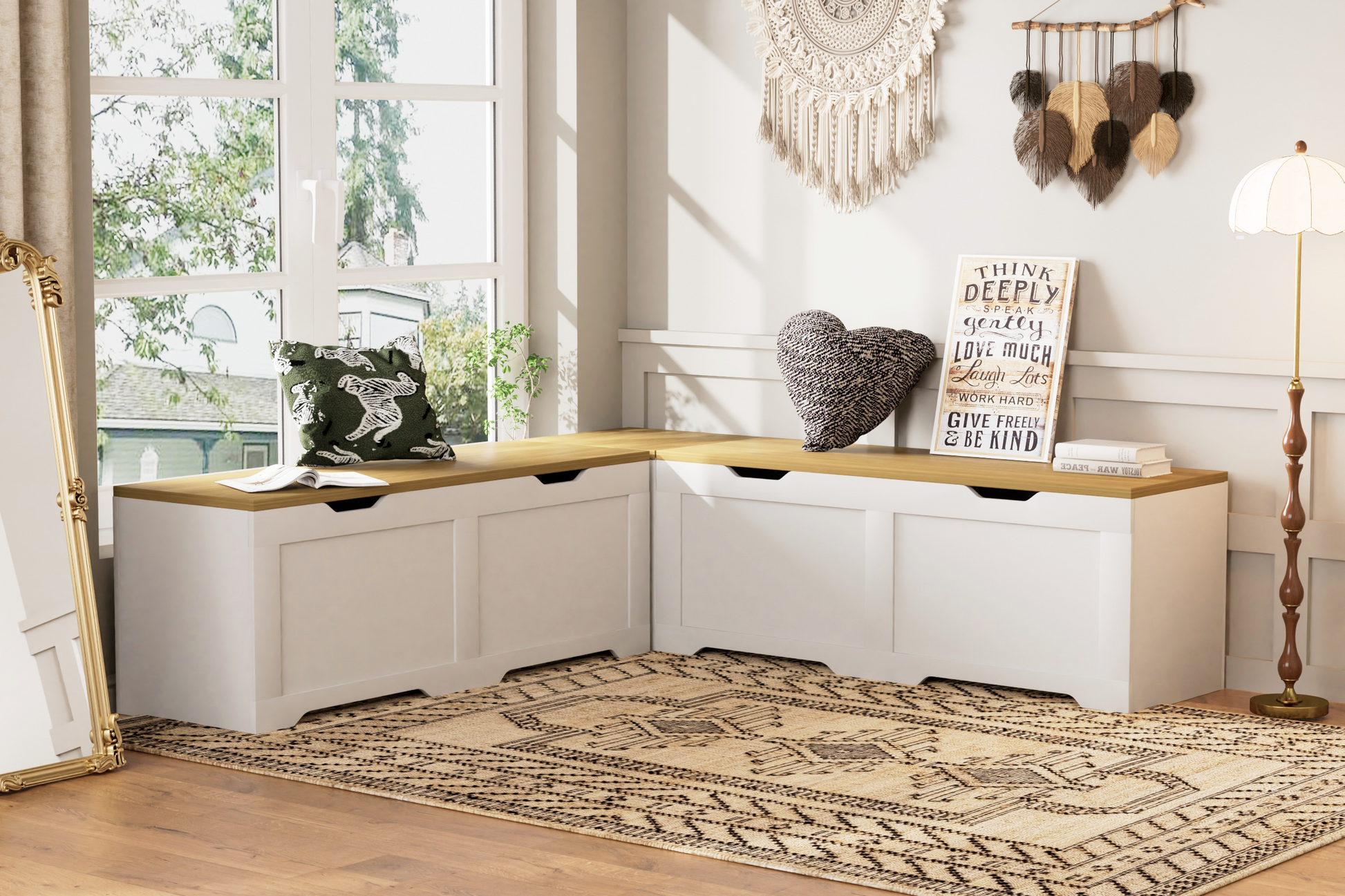 3-Piece L-Shaped Multi-Functional Storage Bench with Cushion, serving as a kitchen corner bench, toy storage box, or reading nook seat., White and Natural, 63"D x 63"W x 19.1"H image 9