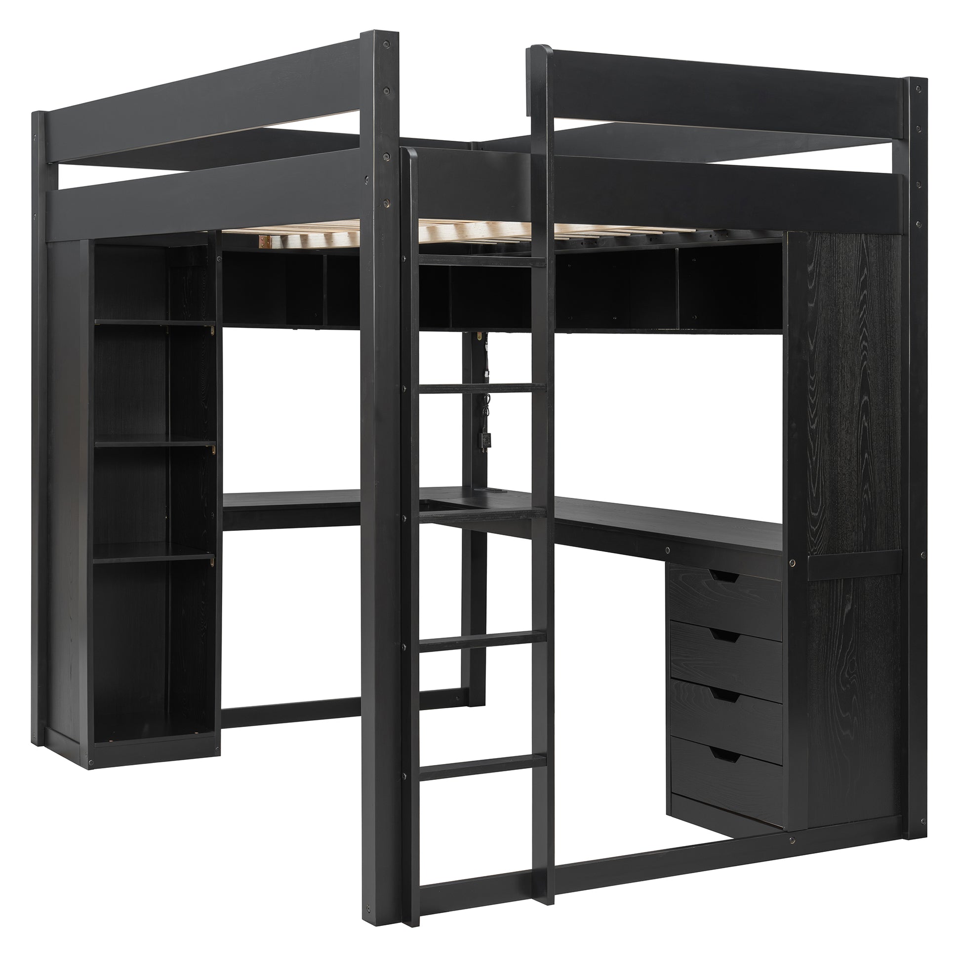 Full Size Solid Wood Loft Bed with L-Shaped Desk and 4 Drawers, Ash Veneer High Loft Bed with Smart APP Control LED Light Strip, USB Charging Ports and 4-Tier Open Shelves, Black image 8