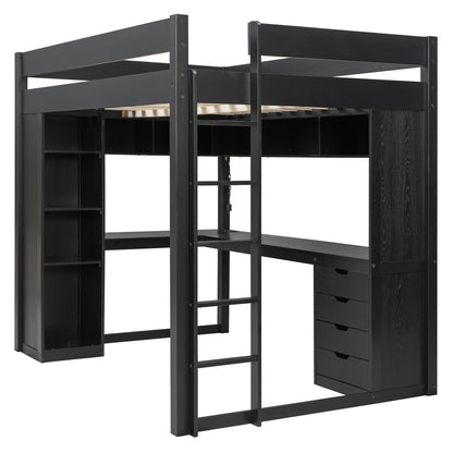 Full Size Solid Wood Loft Bed with L-Shaped Desk and 4 Drawers, Ash Veneer High Loft Bed with Smart APP Control LED Light Strip, USB Charging Ports and 4-Tier Open Shelves, Black image 8