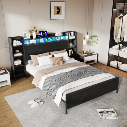 Queen Size Bed Frame with USB Charging Station, Storage Headboard and with Led Light, Heavy Duty Metal Platform Bed Frame, No Box Spring Needed, Black image 4