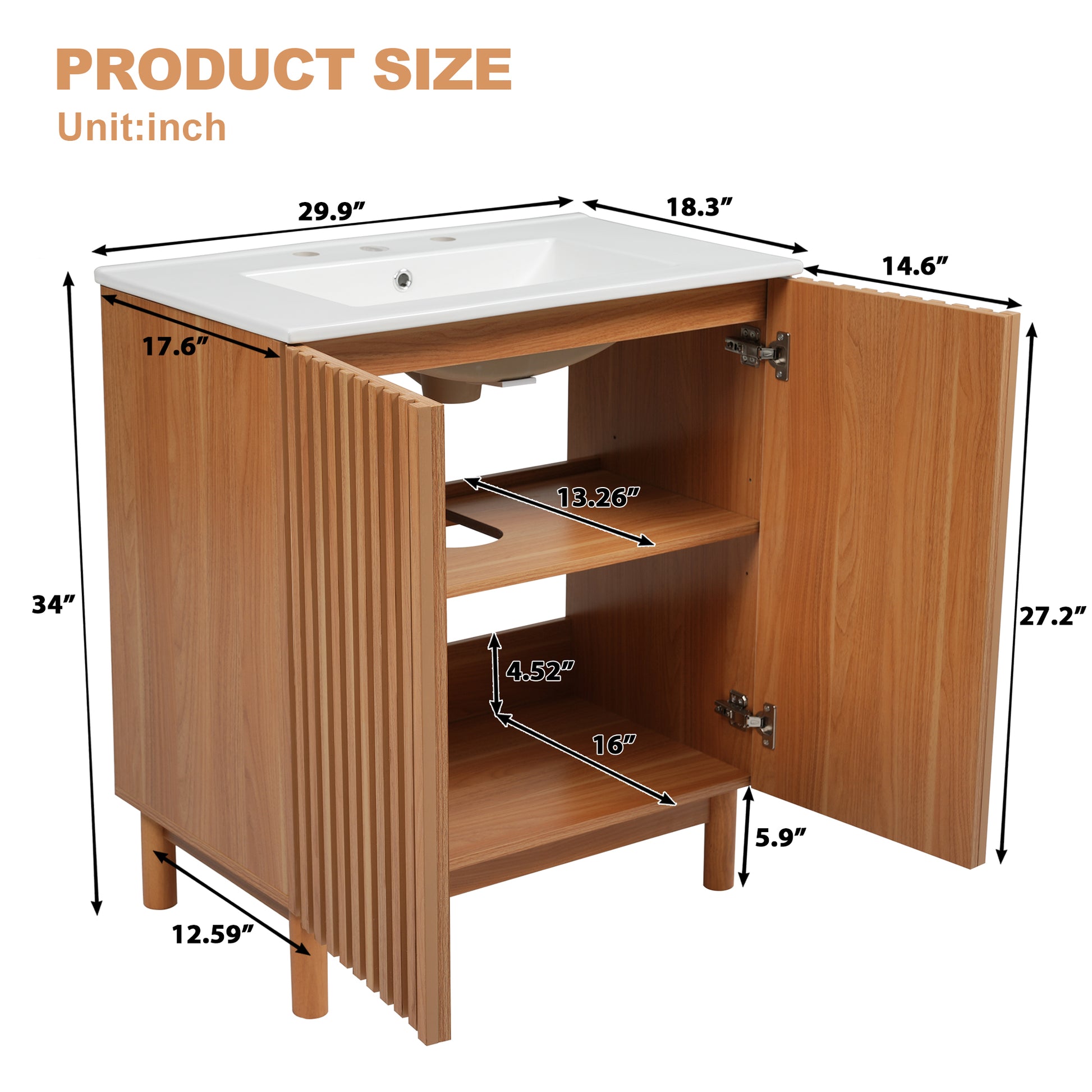 29.9-inch Traditional Bathroom Vanity with Ceramic Sink, Solid Wood Legs, MDF U-Shaped Adjustable Shelf, Soft-Close Doors, and Space-Saving Storage image 9