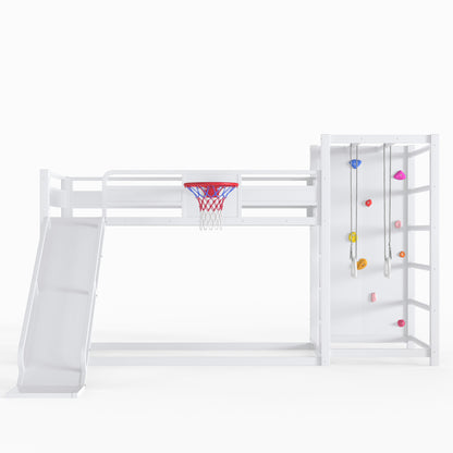 Twin size metal loft/bunk bed with basketball hoop, pull-up rings, climbing wall, and built-in bookshelves. Playful children's design featuring a slide,White image 6
