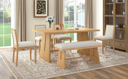 TREXM 6-Piece Rustic Farmhouse Dining Table Set with Wire Brushed Design, Rectangular Dining Table with Trapezoid Legs, 4 Upholstered Linen Chairs & 1 Padded Bench for Dining Room & Kitchen (Natural) image 2
