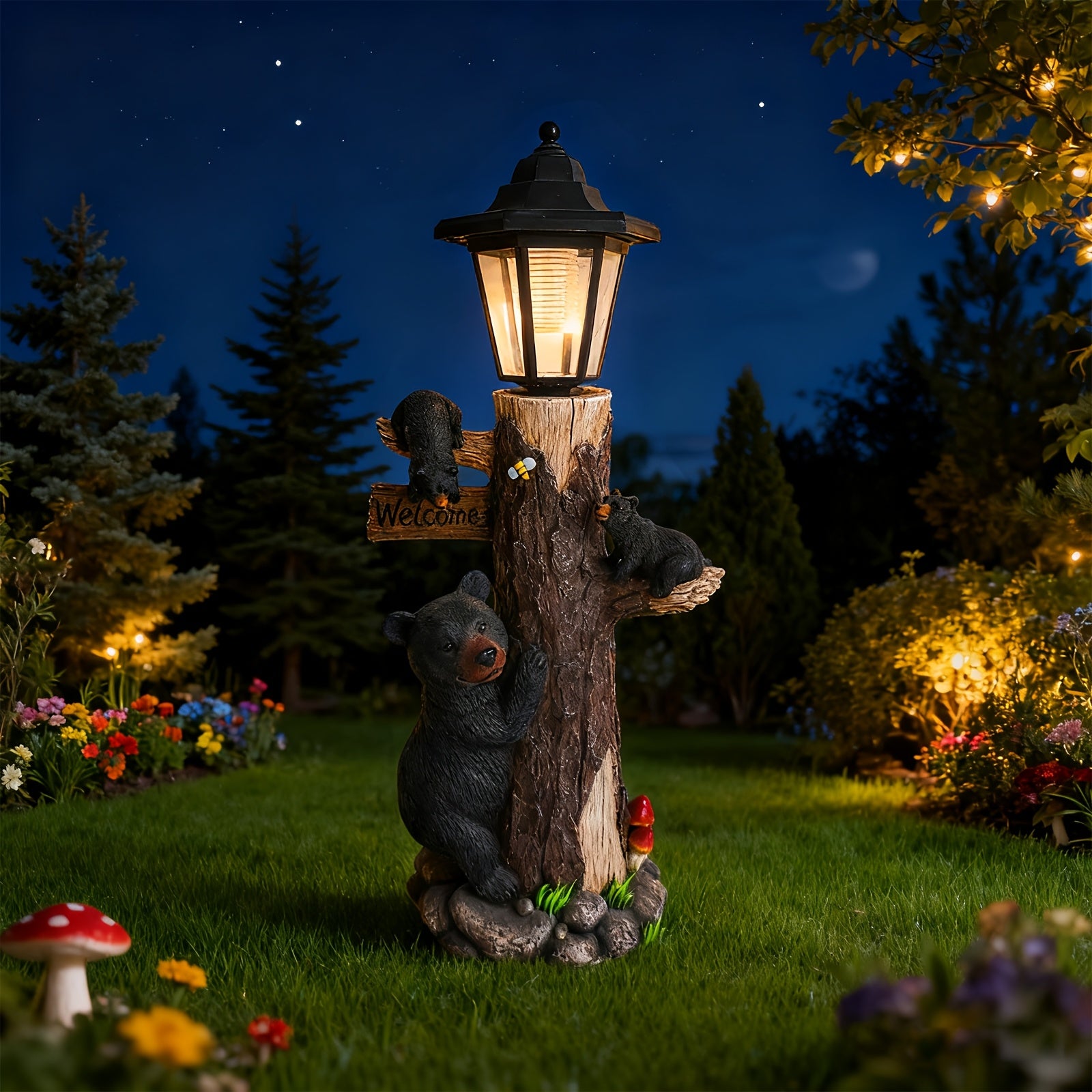 Black bear statue welcome sign garden statue with solar light, 19-inch resin bear family on tree, outdoor bear decoration for courtyard, garden, lawn, yard, perfect gift for Thanksgiving, Christmas, M image 6