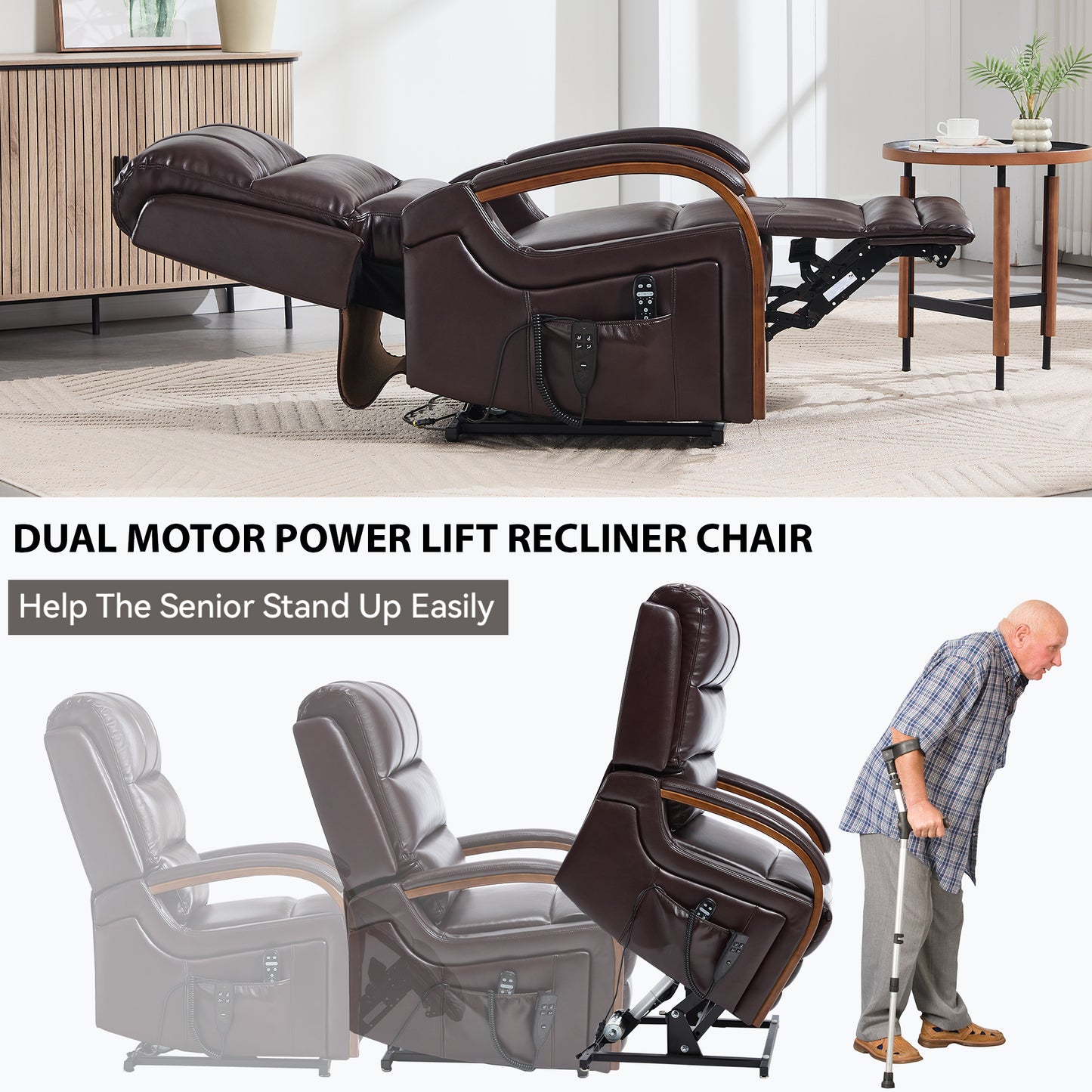 Power Brown Leatheraire Lift Recliner Chair Dual Motor Infinite Position Up to 350 LBS with Solid Wood Armrests, Heat Massage and Heavy Duty Motion Mechanism image 10