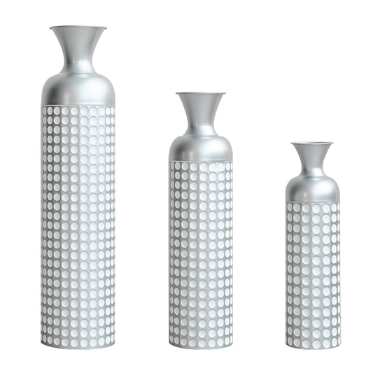 3 Pack Silver Metal Vase Set, Nested Semi-Handcrafted Embossed Vases, Modern Decorative Centerpieces for Home, Floor, Living Room, Fireplace, Not Waterproof image 1