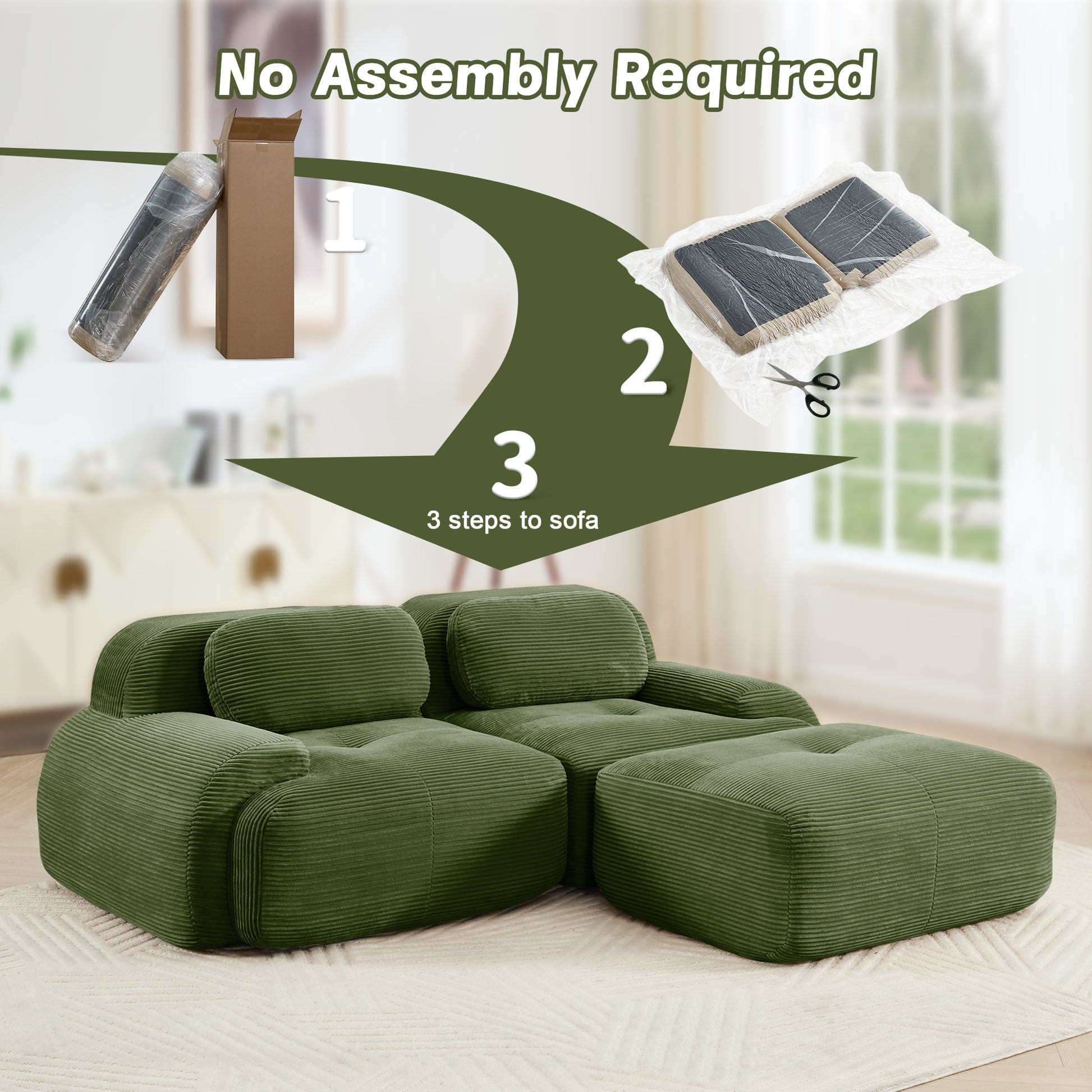 82'' L-shaped sofa in softCorduroy Fabric fabric modular design multiple combinations curved armrests assembly required high-resilience sponge suitable for living rooms rest areas bedroom,Olive green image 11