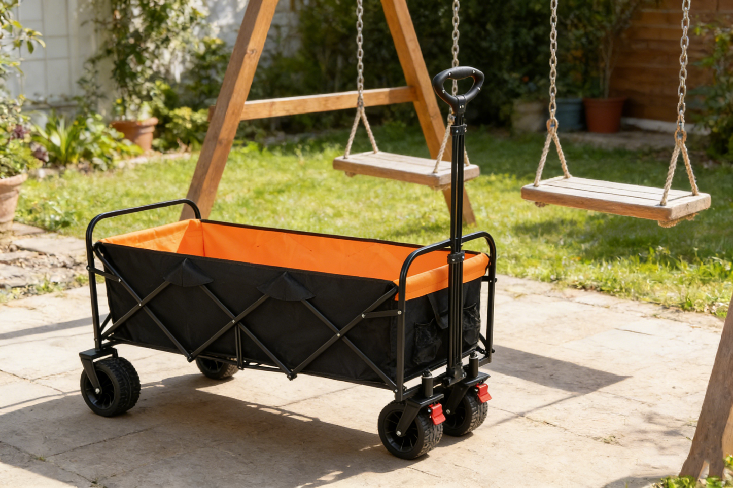 Big large capacity Folding cart Extra Long Extender Wagon Cart Folding Wagon Garden Shopping Beach Cart (black + orange) image 6