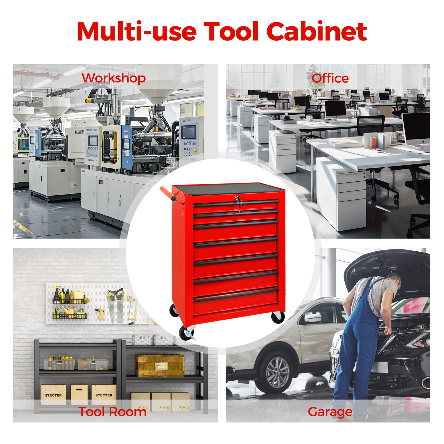 Rolling Metal Tool Chest with 7 Drawers, 20" 7-Drawer Tool Chest Cabinet with Ball Bearing Drawer Slides, Steel Tool Storage Box Organizer -RED image 6