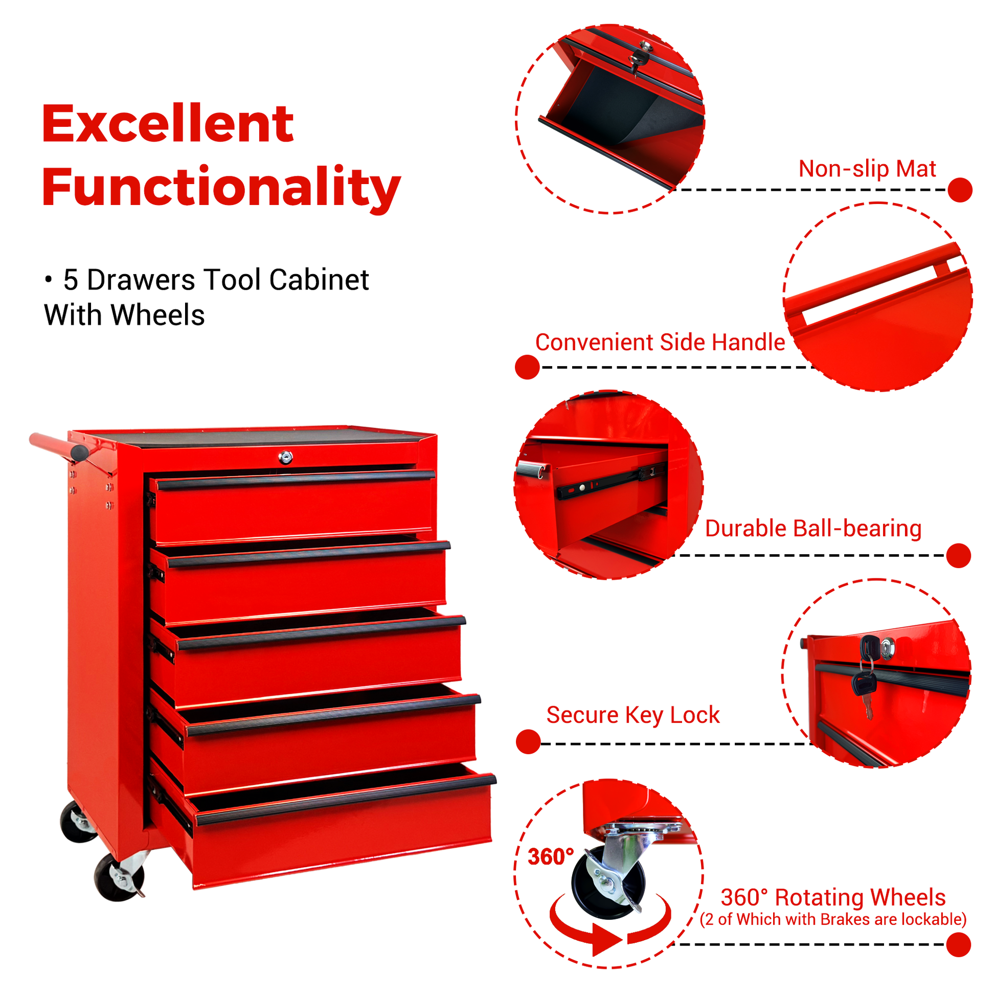 Rolling Metal Tool Chest with 5 Drawers, 20" 5-Drawer Tool Chest Cabinet with Ball Bearing Drawer Slides, Steel Tool Storage Box Organizer-RED image 8