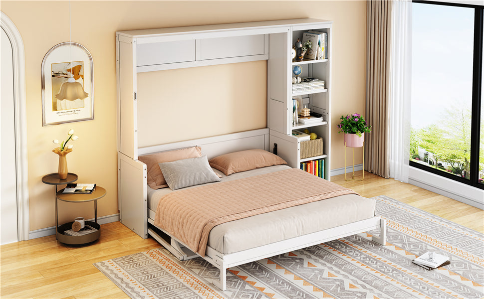 Queen Size Murphy Bed with Desk and Bookshelf, White image 6