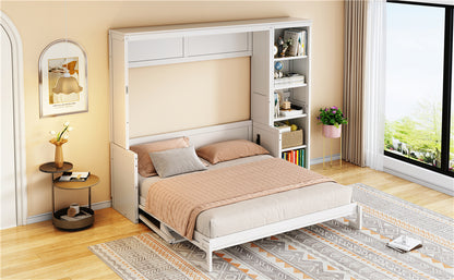 Queen Size Murphy Bed with Desk and Bookshelf, White image 6