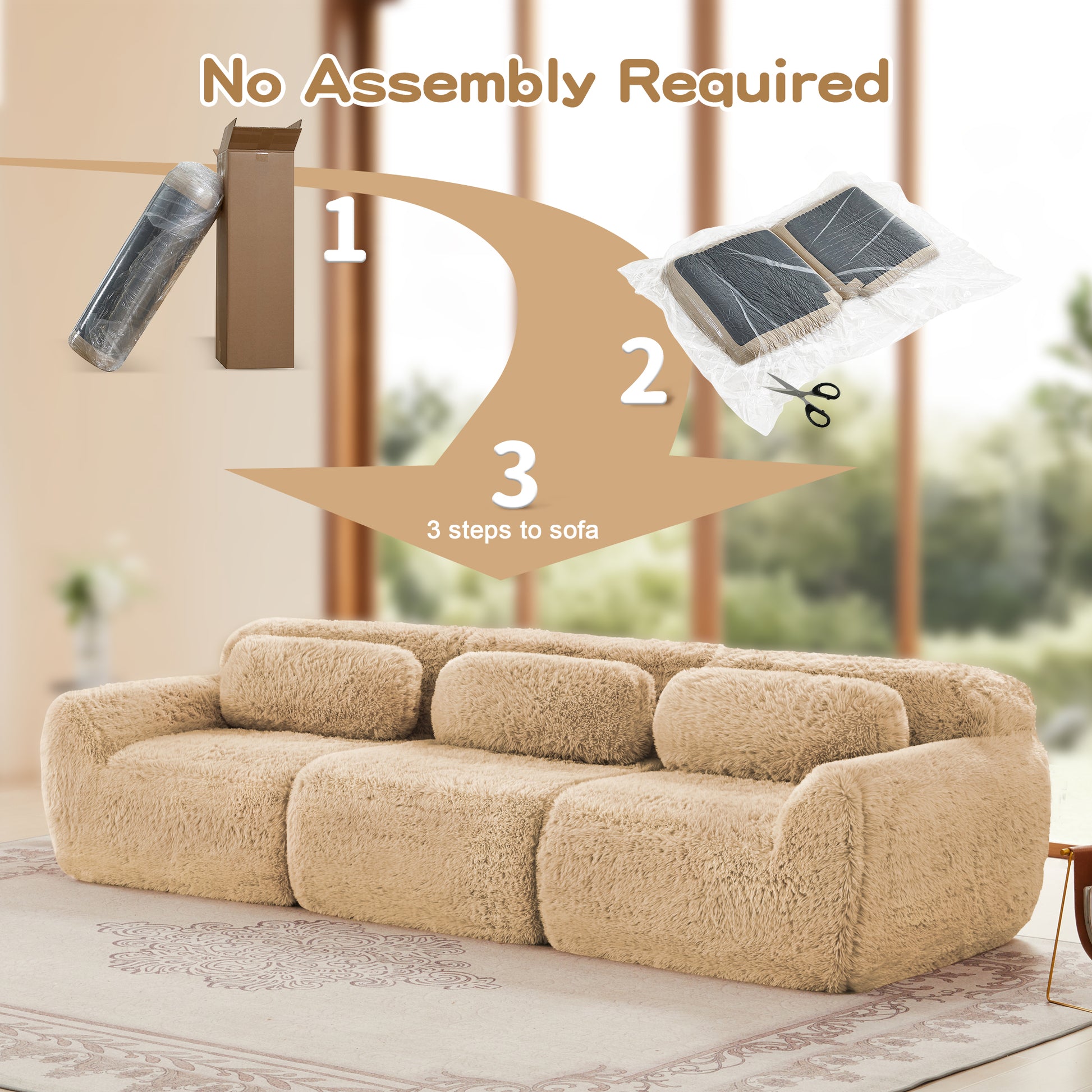 114''Soft And Fluffy Plush Fabric,Modular Sectional Sofa Couches,Ergonomic Design With Throw Pillows,Full-compression Vacuum Packaging Buckle Connection For Study,Home Theater,Light Khaki image 11