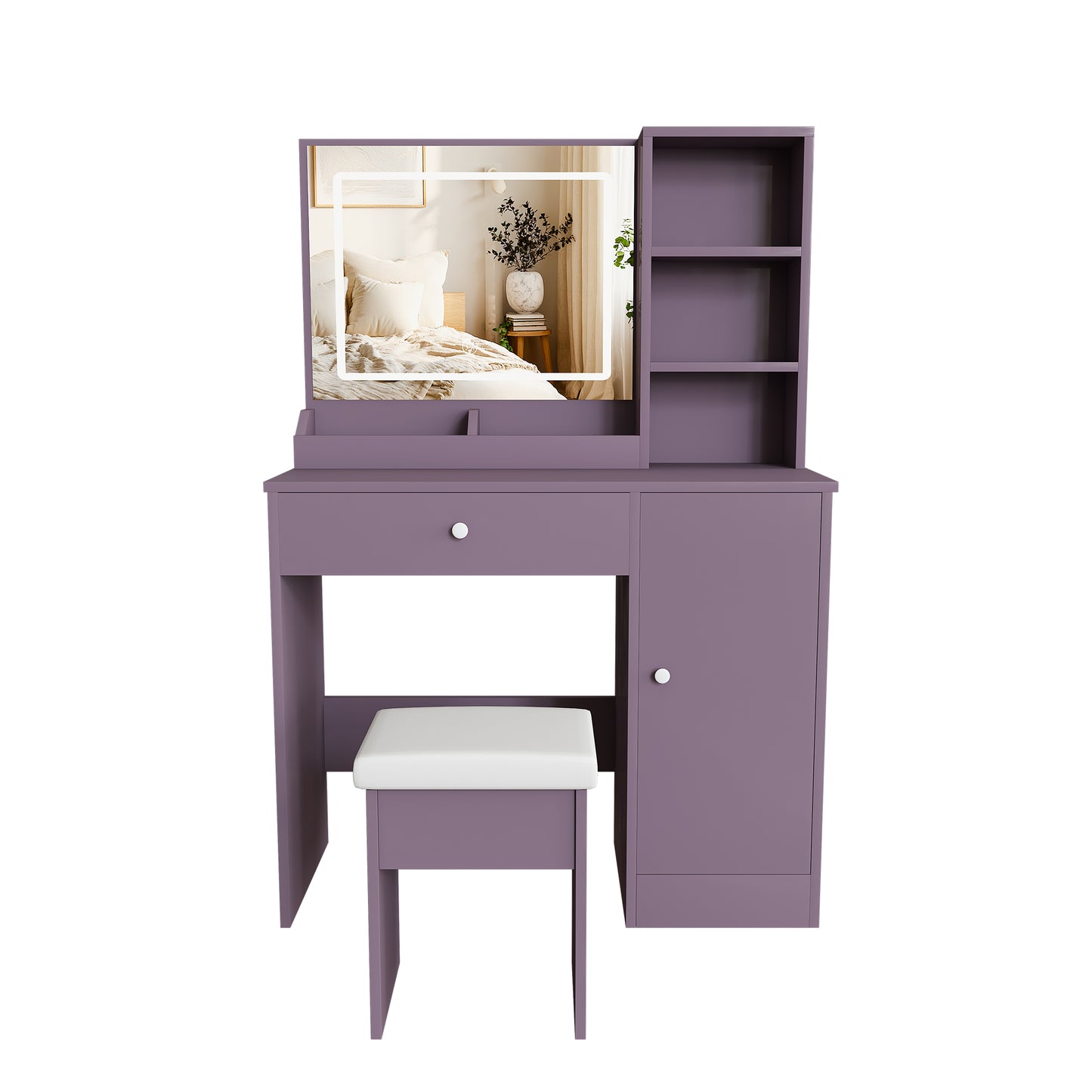 Stylish Vanity Desk Set with Padded Stool & Adjustable LED Lighted Mirror (3 Color Modes), Modern Bedroom Makeup Vanity Desk Combo, Purple image 5