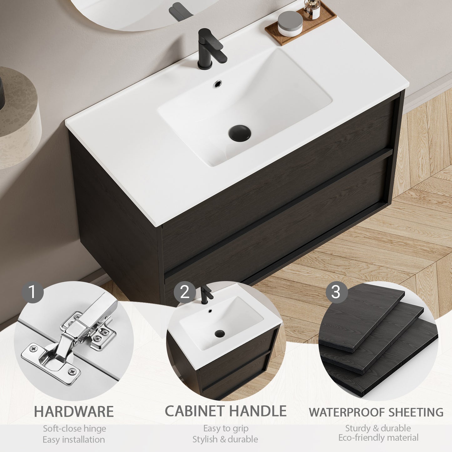 36 Inch Bathroom Vanity Cabinet With Ceramic Sink - Gray Wall Mounted Floating Fluted Vanity With Drawers, Modern image 7