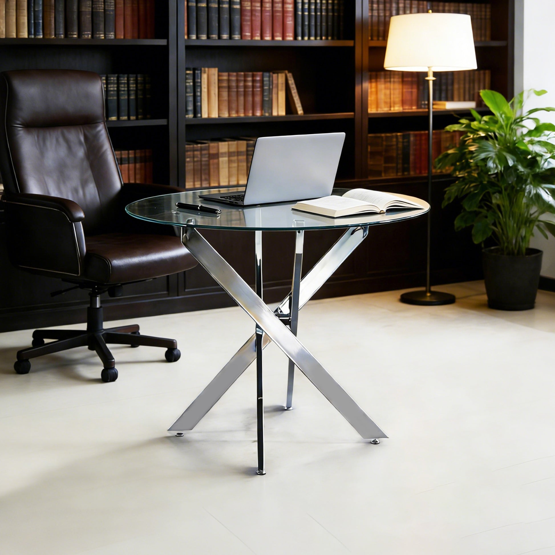 Dining Table with cross metal leg and tempered glass,Modern Space Saving Kitchen Table for Living Room,chrome legs image 3