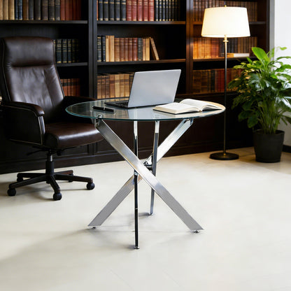 Dining Table with cross metal leg and tempered glass,Modern Space Saving Kitchen Table for Living Room,chrome legs image 3