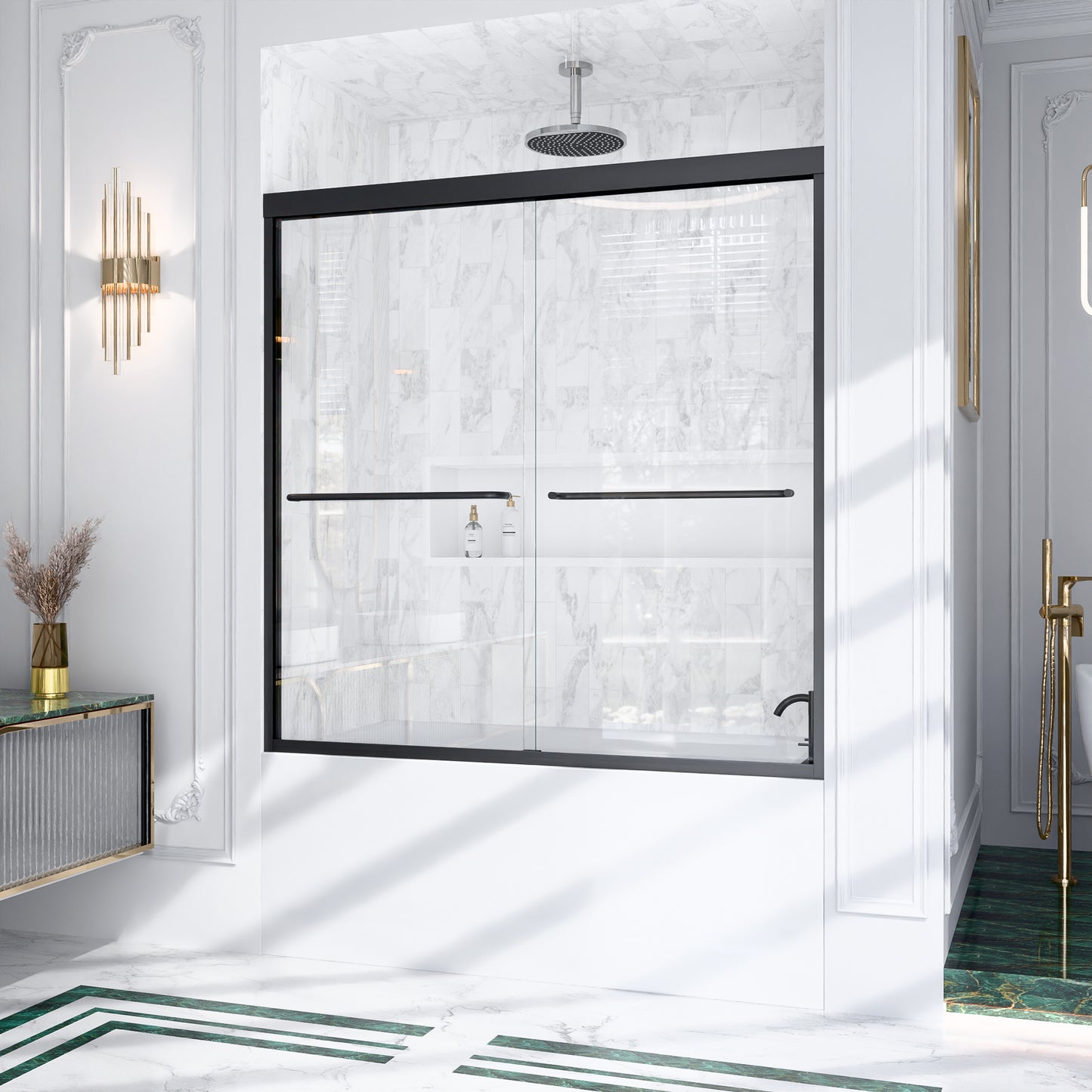 56"-60"W*60" H Semi-Frameless Double Sliding Shower Door, Bypass Shower Door, 1/4" (6mm) Thick SGCC Tempered Glass Door, Matte Black image 4