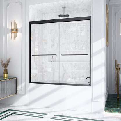 56"-60"W*60" H Semi-Frameless Double Sliding Shower Door, Bypass Shower Door, 1/4" (6mm) Thick SGCC Tempered Glass Door, Matte Black image 4