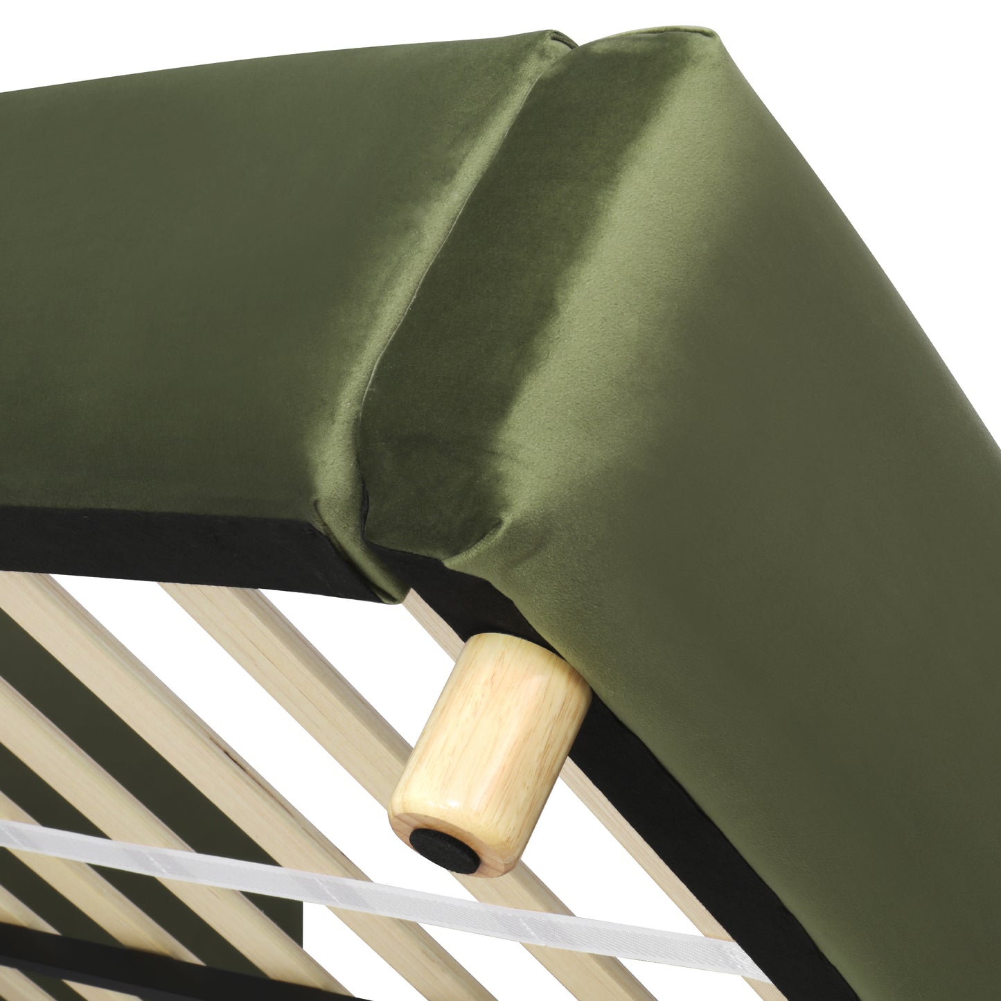 California King Size Upholstered Bed Frame With Velvet Fabric And Curve Design Thick Headboard, Solid Wood Legs, Olive Green image 12