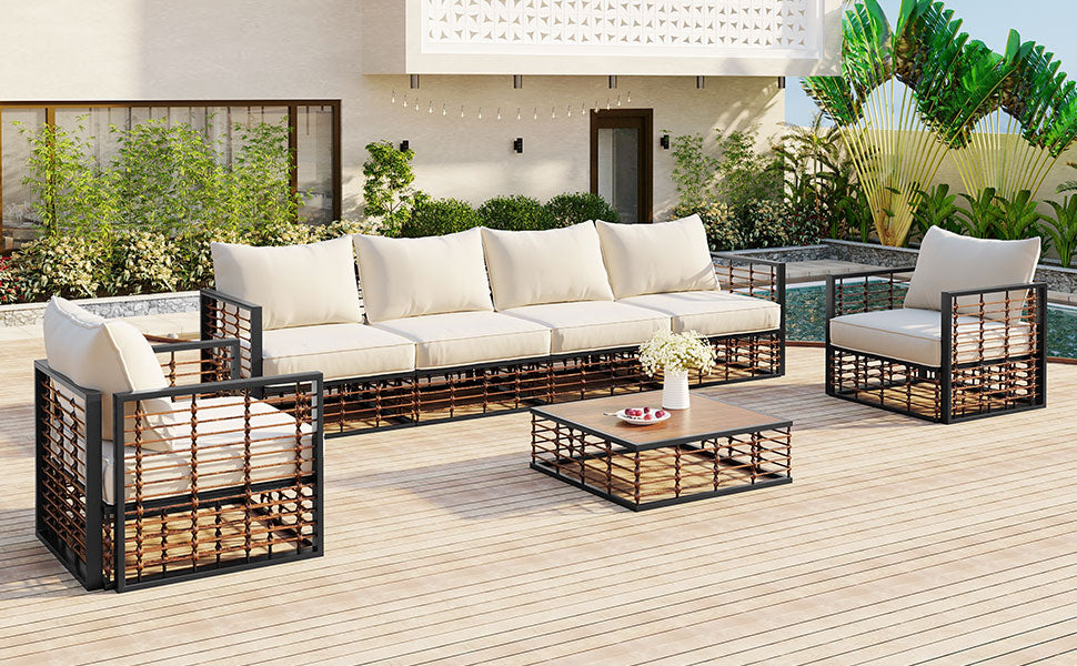 TOPMAX Modern Minimalist 7-Piece Metal Patio Sectional Sofa Set, All-Weather Garden Conversational Furniture Set with Thick Cushions and Coffee Table for Indoor Outdoor, Dark Grey image 4