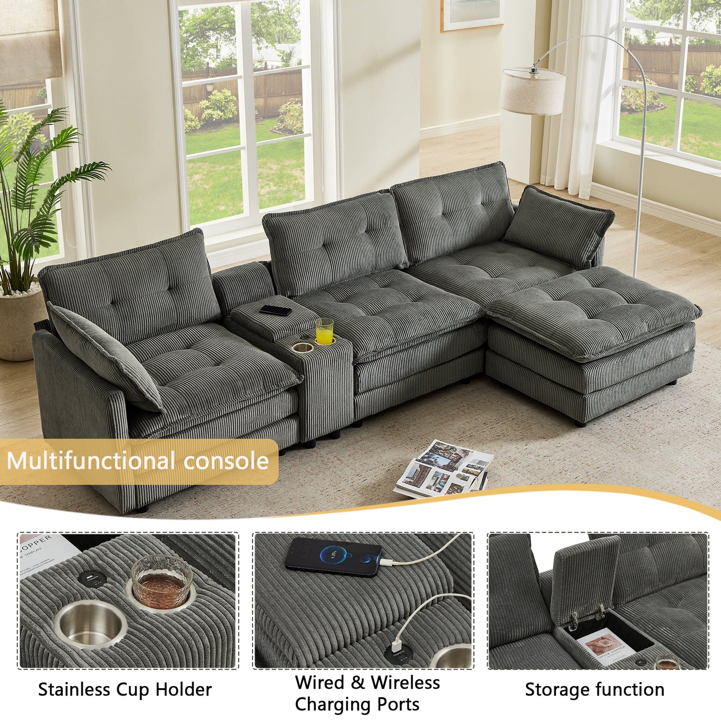 119" L-Shaped Oversized Corduroy Modular Sectional Sofa with 1 Ottoman and Multi Functional Console, 4-Seater Upholstered Couch with USB and 2 Cup Holder, Easy Assembly, for Living Room, Grey image 4
