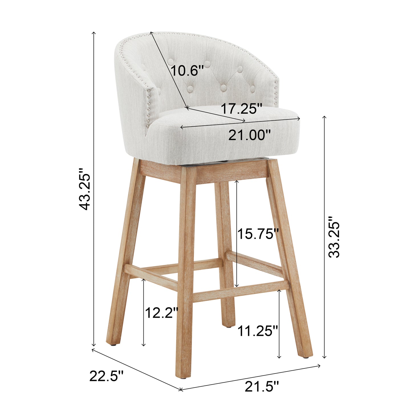 33.25" Swivel Counter Stools Set of 2, Upholstered Counter Height Bar Stools with Solid Rubber Wood Frame, Backrest, Footrest, Armless Barstools for Home Bar, Kitchen Counter, Natural + Beige image 7