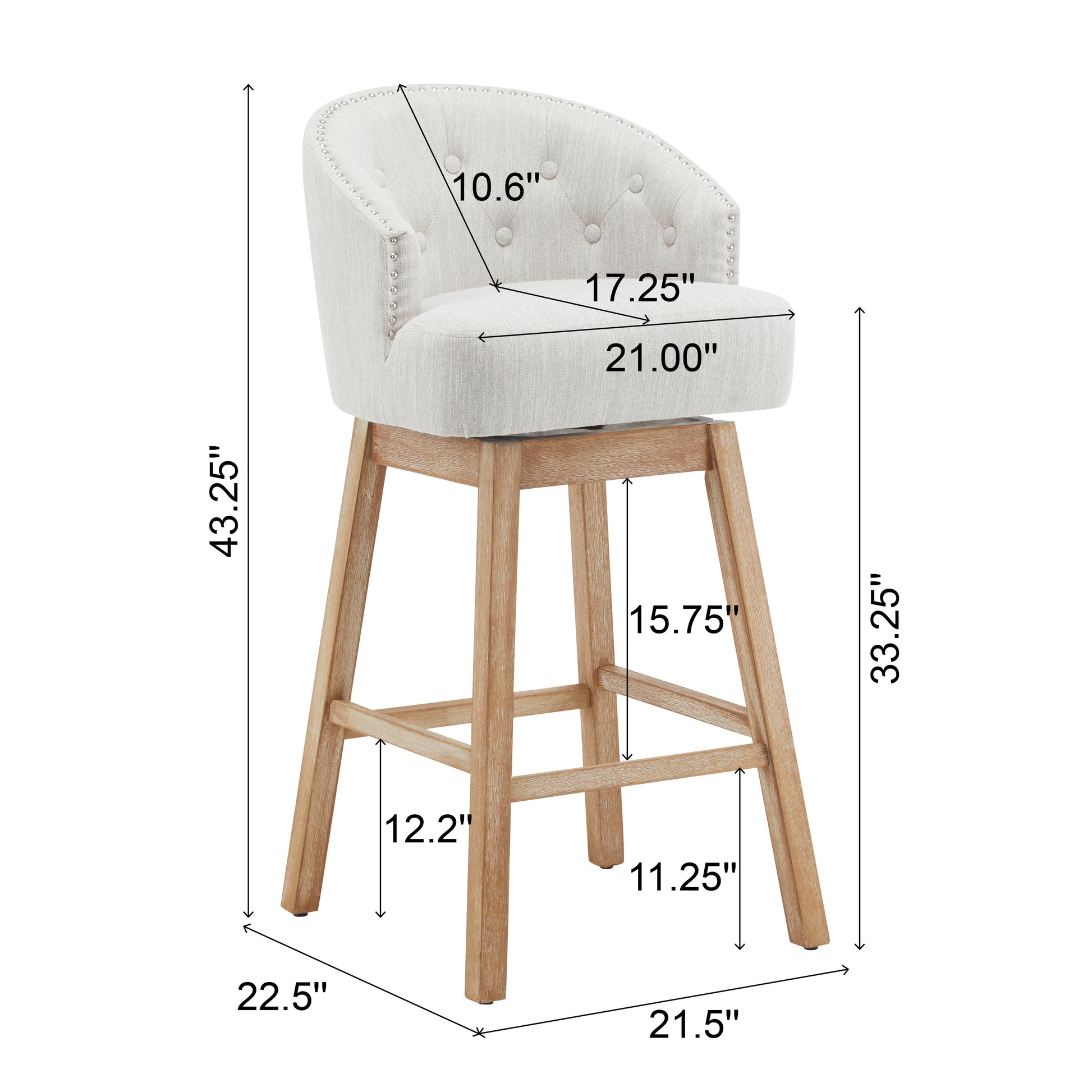 33.25" Swivel Counter Stools Set of 2, Upholstered Counter Height Bar Stools with Solid Rubber Wood Frame, Backrest, Footrest, Armless Barstools for Home Bar, Kitchen Counter, Natural + Beige image 7