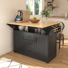 K&K 55.7'' Large Kitchen Island with 2 Drop Leaf,, Rolling Kitchen Cart on 5 Wheels with Power Outlet, Folding Storage Dining Table with Spice & Towel Rack , 3 Drawers, for Kitchen, Dining Room,White