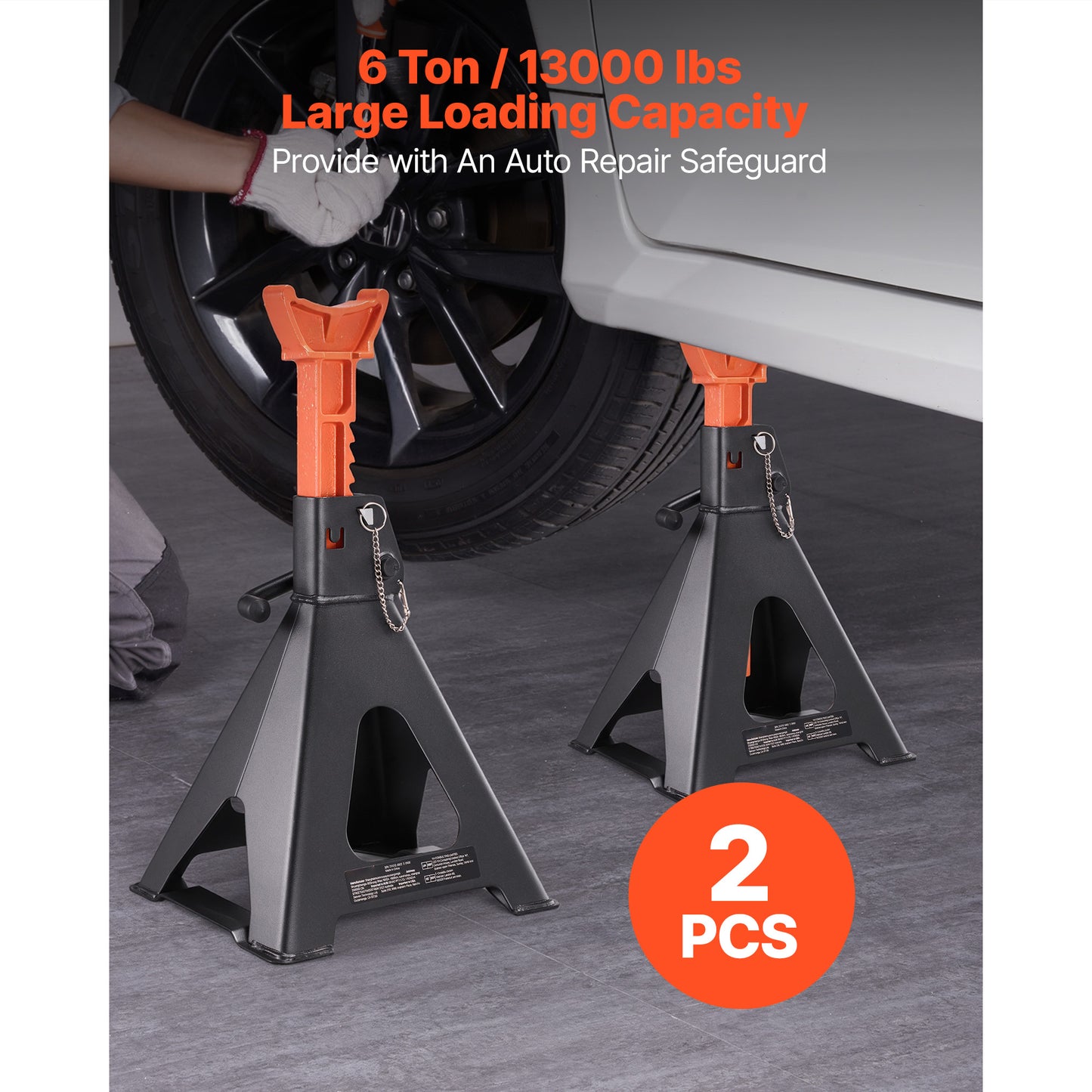 Jack Stands, 6 Ton (13,000 lbs) Capacity, 14.6-22.8 in Adjustable Height, Heavy Duty Steel Jack Auto Stands with Double Locking, for Lifting RV, Small Truck, Car, SUV, 1 Pair, Black and Orange image 2