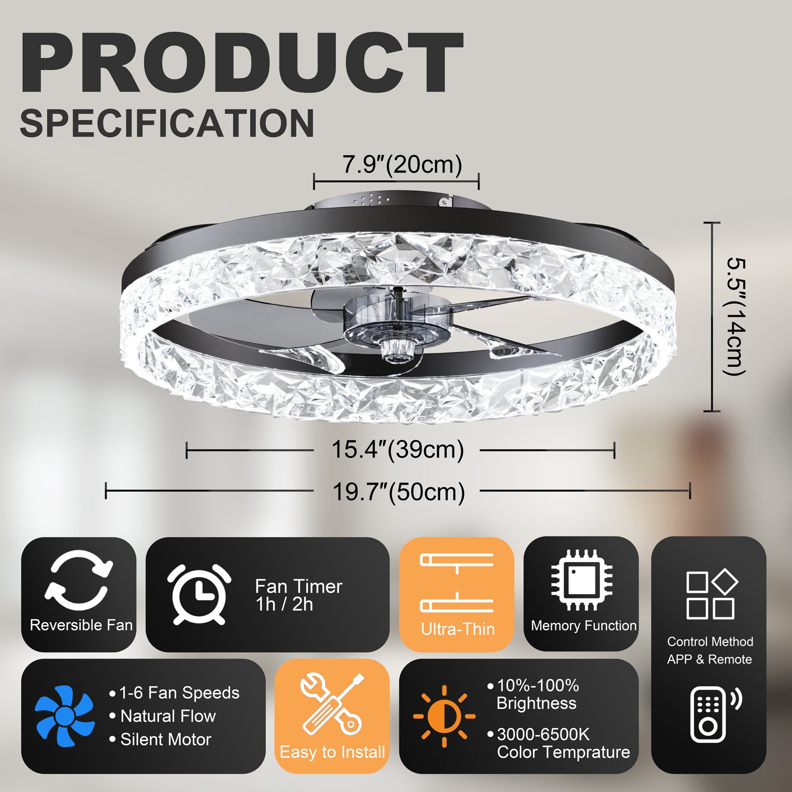 19.7" Ceiling Fans with Lights Remote and APP Control, Dimmable 3-Color and 6-Speed quiet DC Motor, BLACK Ceiling Fan for Living Room Bedroom image 8