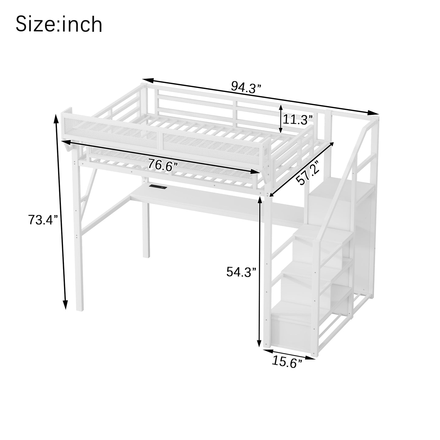 Full Loft Bed with Desk and Charging Station, Full Size Metal Loft Bed with Stairs and Light for Kids Teens,White(Expect Arrival Date 2026/3/7) image 9