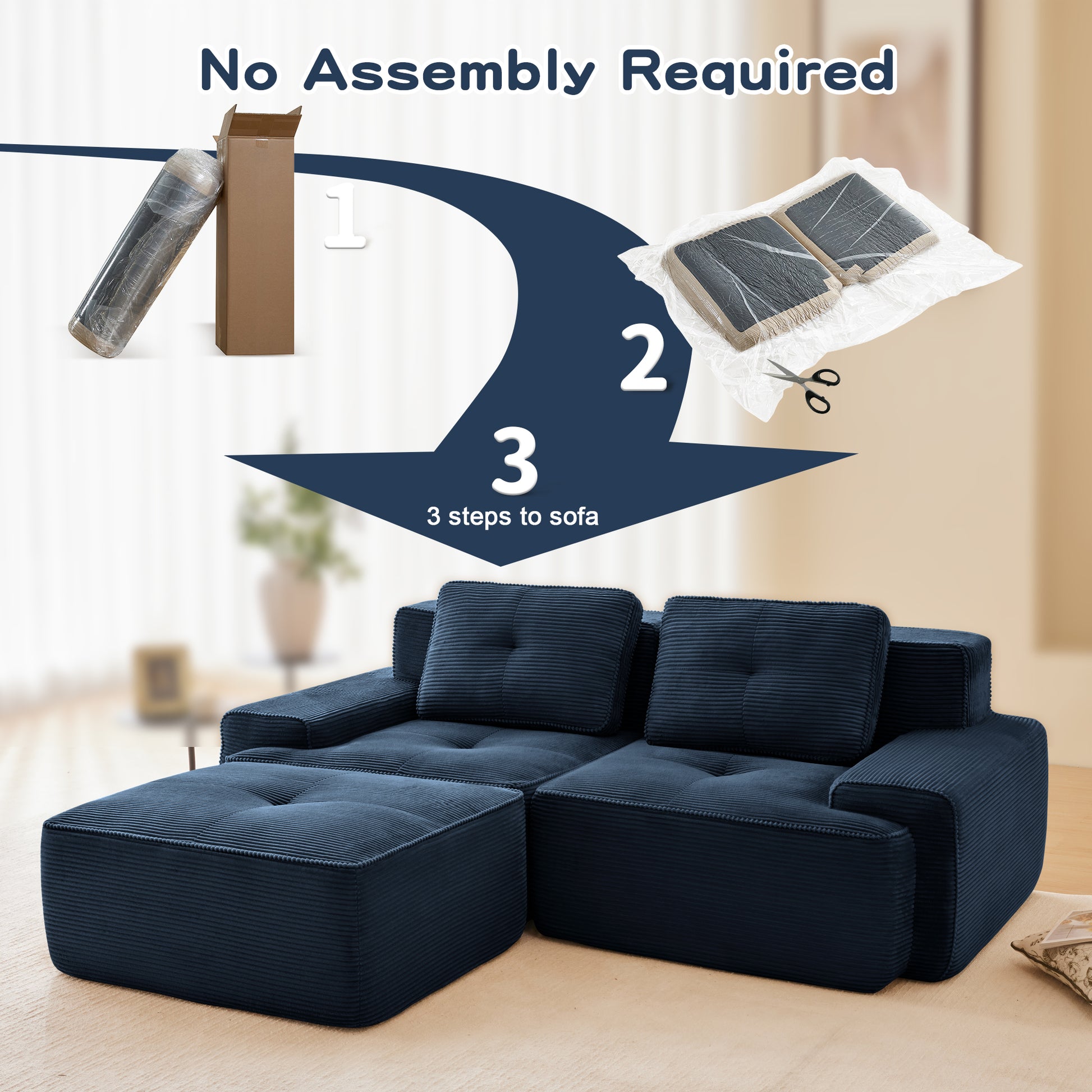 82" Modern L-Shaped Modular Sectional Sofa for Living Room, Corduroy Fabric, 2-Seater Couch with Deep Seat and Movable Ottoman, Pearl-like piping, Tufted Design, No Assembly, Anti-slip Design​, Blue image 5