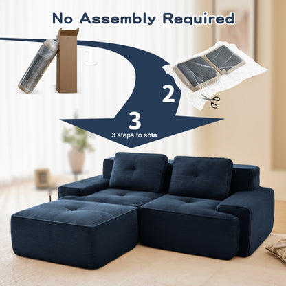 82" Modern L-Shaped Modular Sectional Sofa for Living Room, Corduroy Fabric, 2-Seater Couch with Deep Seat and Movable Ottoman, Pearl-like piping, Tufted Design, No Assembly, Anti-slip Design​, Blue image 5