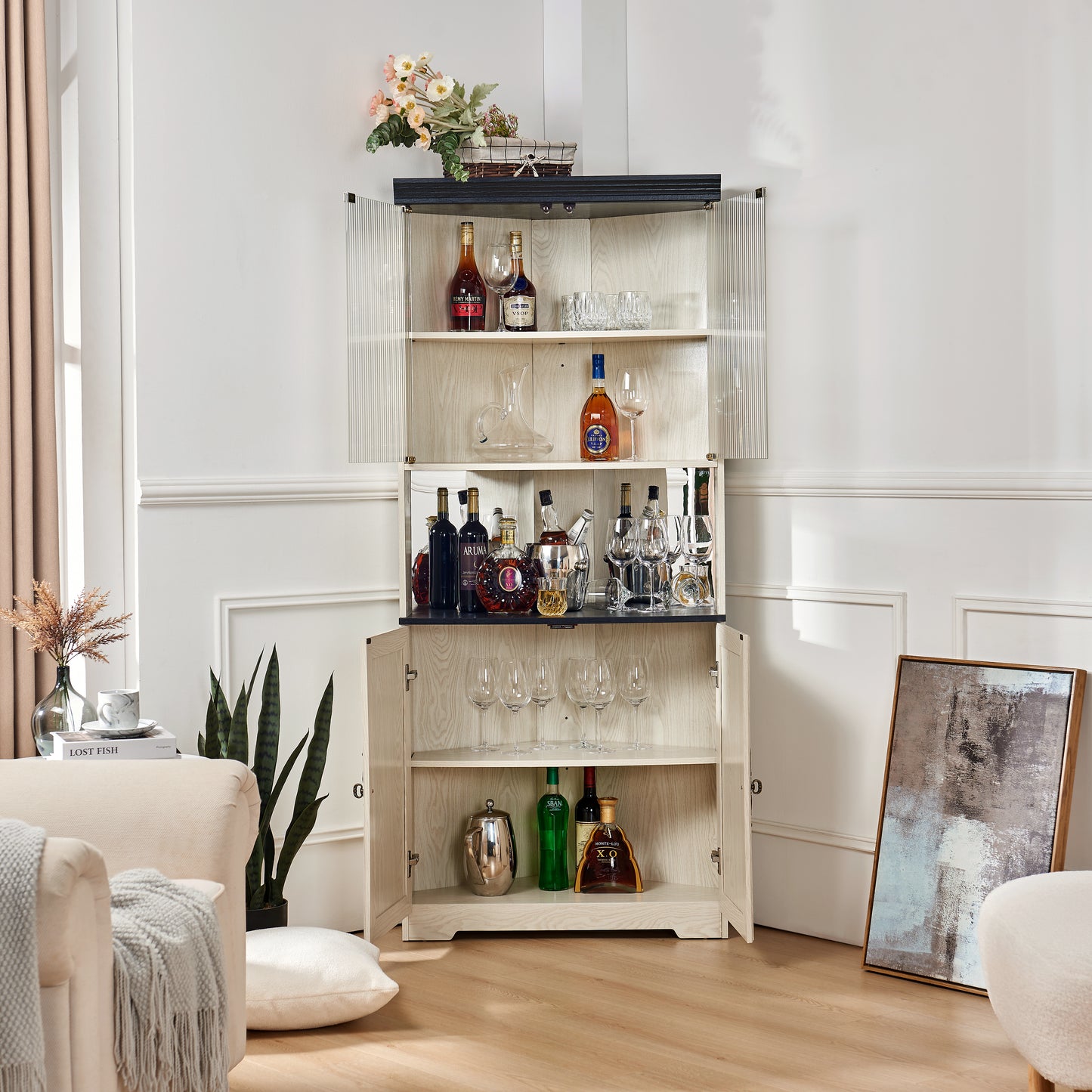70.86"(180cm) Tall Free Standing Corner Storage Cabinet, 5 Tiers Wine Cabinet With Tempered Glass Doors, Mirrored Back, Adjustable Shelves For Living Room Kitchen, Modern Wood Display Cabinet image 3