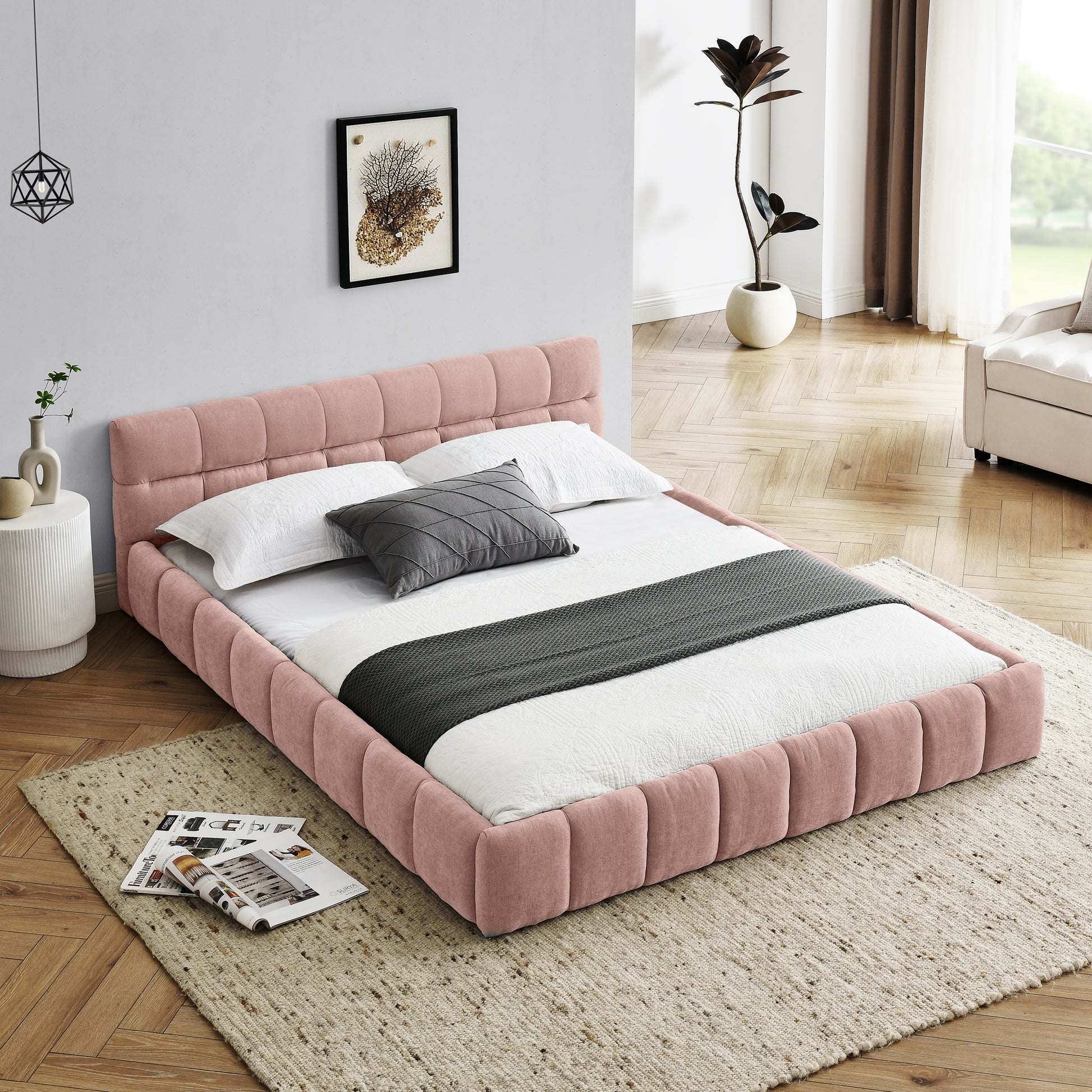 Queen Size Upholstered Bed Frame with Thick Fabric, Chenille Fabric Grounded Queen Size Platform Bed with Headboard and Solid Frame. No Box Spring Needed, PINK(68''*86.5''*23.5'') image 1
