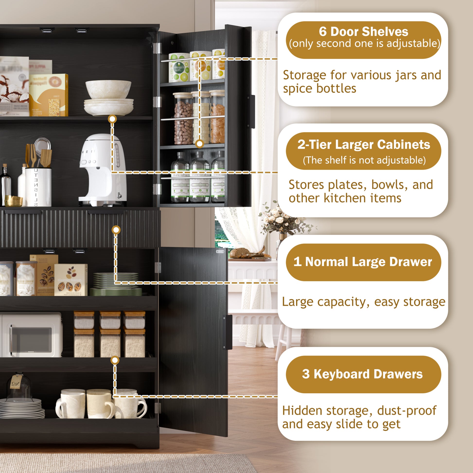 72" Fluted Kitchen Pantry Cabinet with 3 Keyboard Drawers & 6 Door Shelves Adjustable, Freestanding Cupboard Storage Cabinet for for Bathroom Dining Room, Office, Entryway, Black image 6