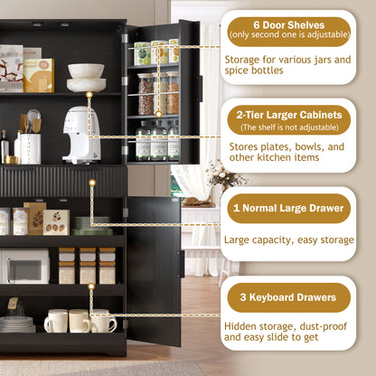 72" Fluted Kitchen Pantry Cabinet with 3 Keyboard Drawers & 6 Door Shelves Adjustable, Freestanding Cupboard Storage Cabinet for for Bathroom Dining Room, Office, Entryway, Black image 6