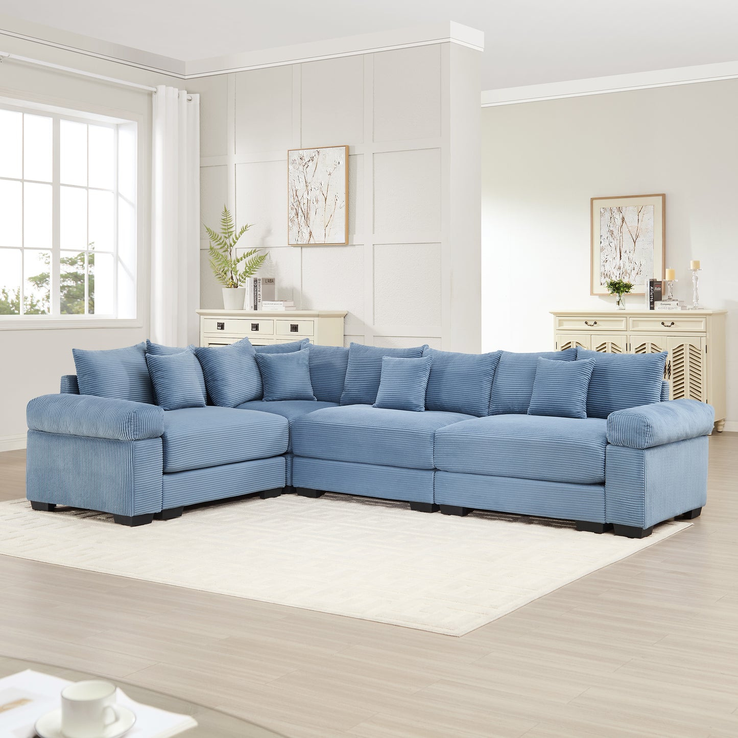 Oversized Cloud Modular Sectional Couch,Convertible Sectional Couches Deep Seat Extra-Wide Armrests, 13Throw Pillows Premium Corduroy Fabric, Ergonomic Design,Easy Assembly, For Living Rooms,Blue image 3
