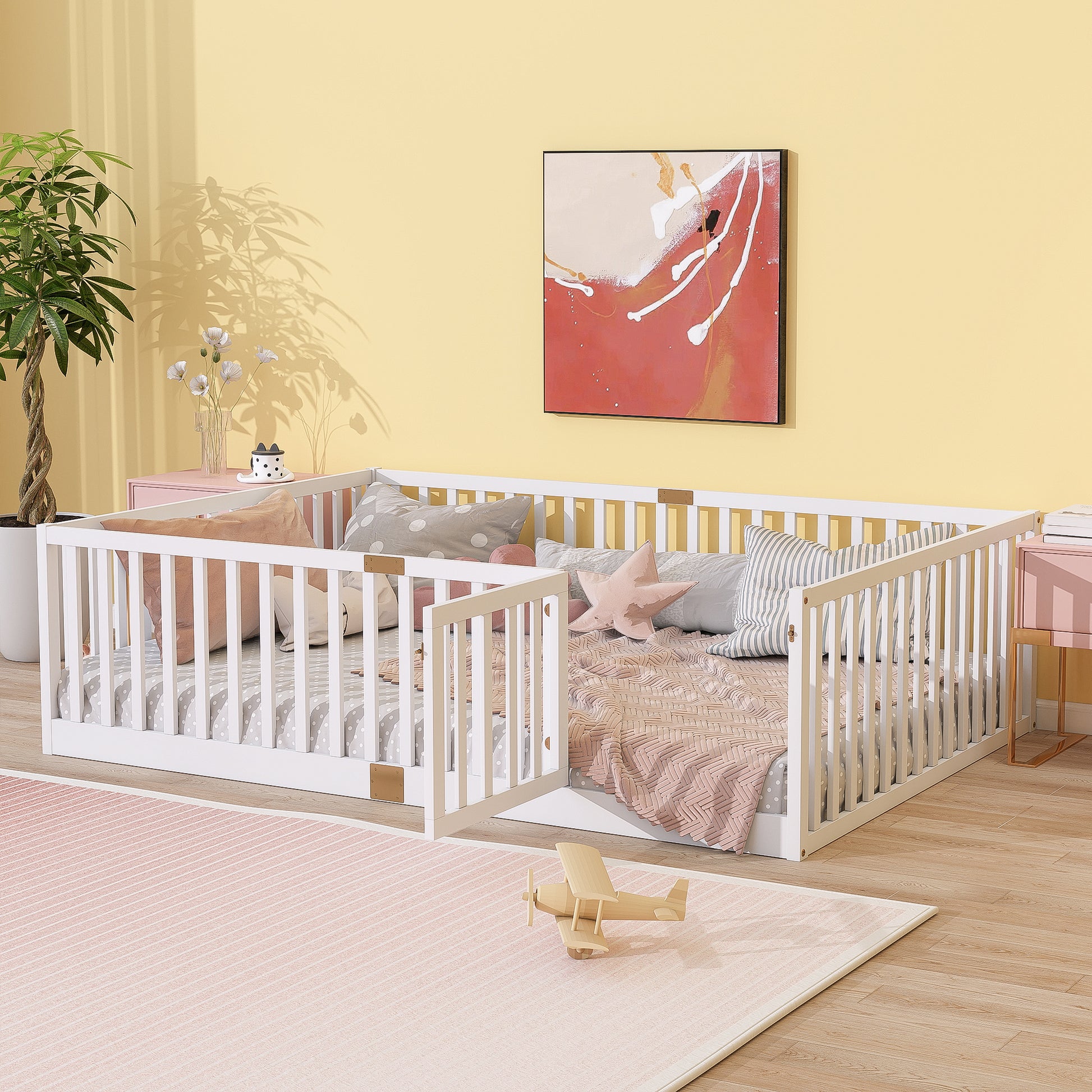 Full Size Floor Bed with High Fence Railings, with Door,6 Slats Included, Rubber Wood Floor Bed with Safety Guardrails,White image 2