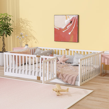 Full Size Floor Bed with High Fence Railings, with Door,6 Slats Included, Rubber Wood Floor Bed with Safety Guardrails,White image 2