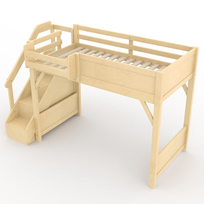 Twin Size Loft Bed with Built-in Wardrobe and Storage Space, Solid Wood Loft Bed with Beside Shelves, Full-length Guardrails and Stairs, No Box Spring Needed, Natural image 11