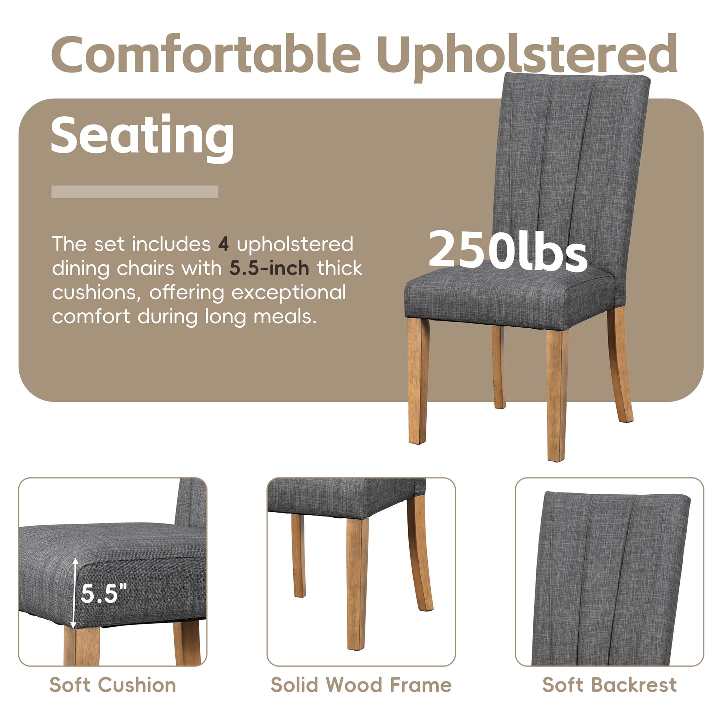 TOPMAX Farmhouse 78.1inch Extendable Wood Dining Table Set for 6, Kitchen Table Set with Bench and 4 Upholstered Chairs,3.8inch Thick Tabletop and Trestle Legs for Kitchen, Dining Room, Brown+Gray image 9