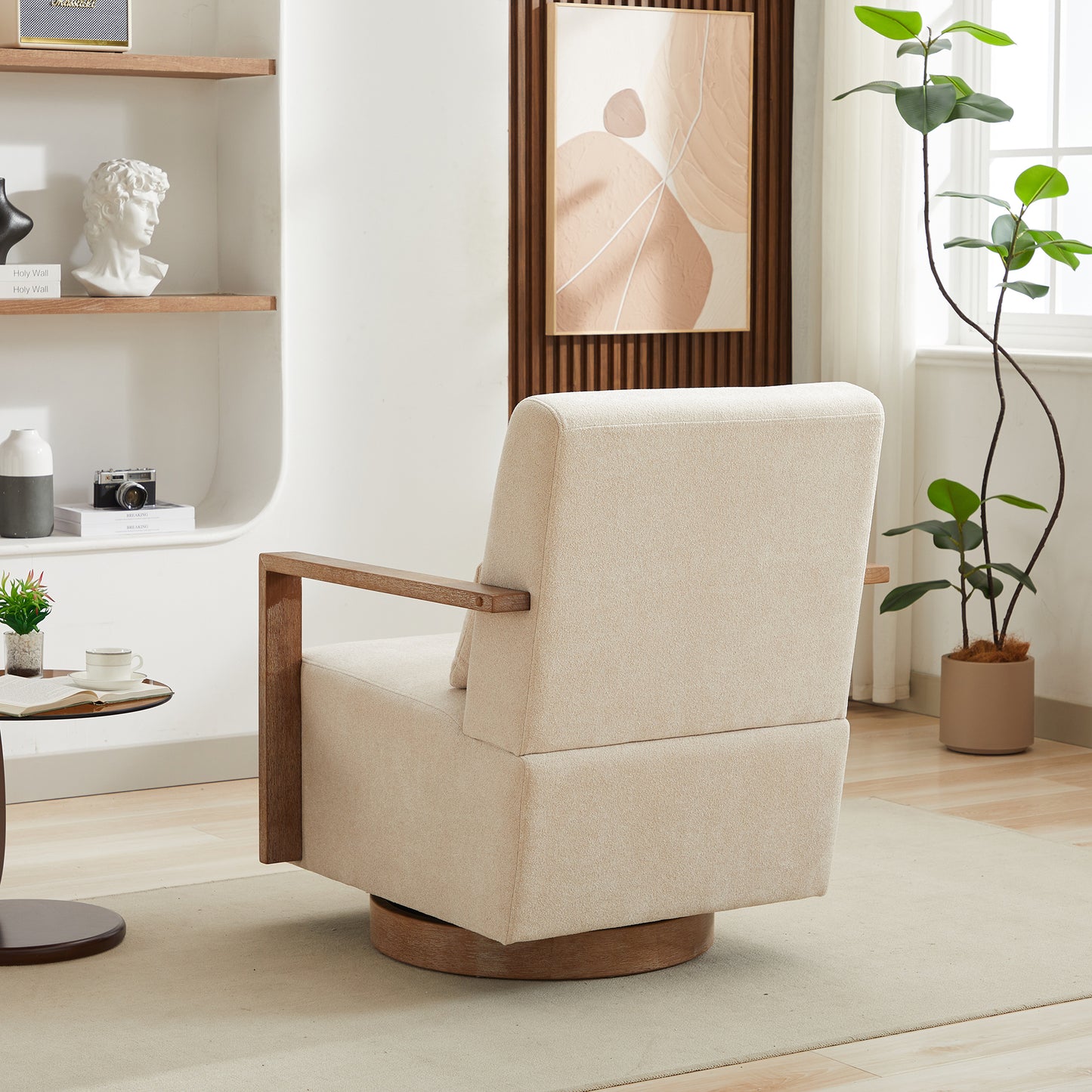 29.72"W Swivel Modern Upholstered Accent Chair with Solid Wood Armrests and 360 Degree Comfy Lounge Reading Chair, Side Armchair for Hotel, Bedroom, Living Room, Office, and Nursery Room. Beige image 5