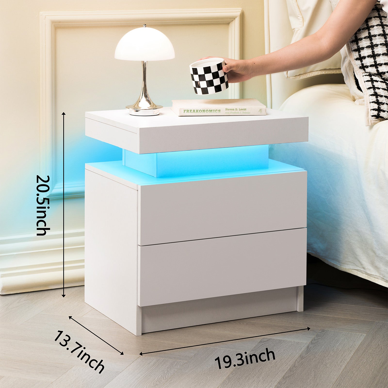 Nightstand LED Bedside Table Cabinet Lights Modern End Side with 2 Drawers for Bedroom (White) image 2