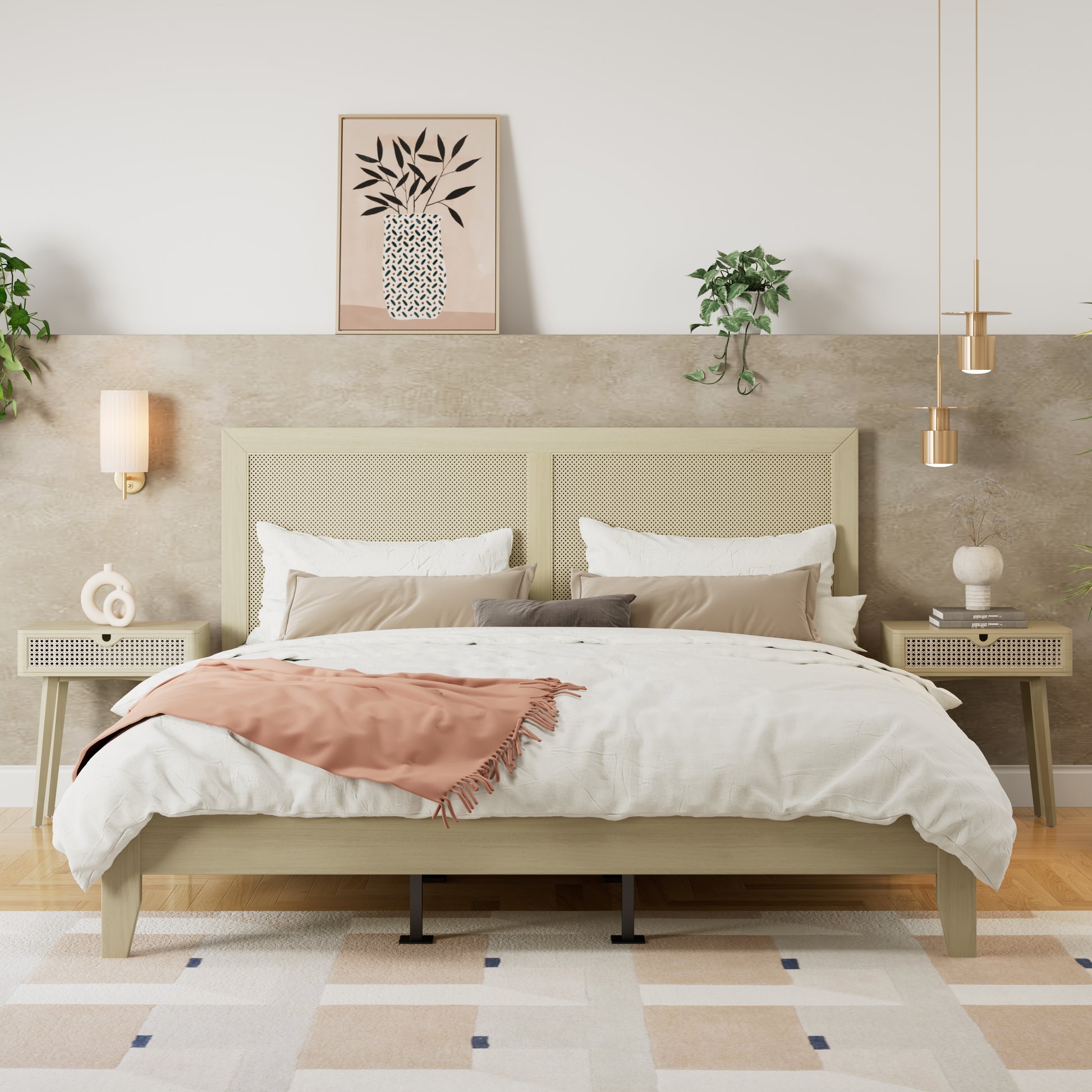 Solid Wood Platform California King Bed With Rattan image 1