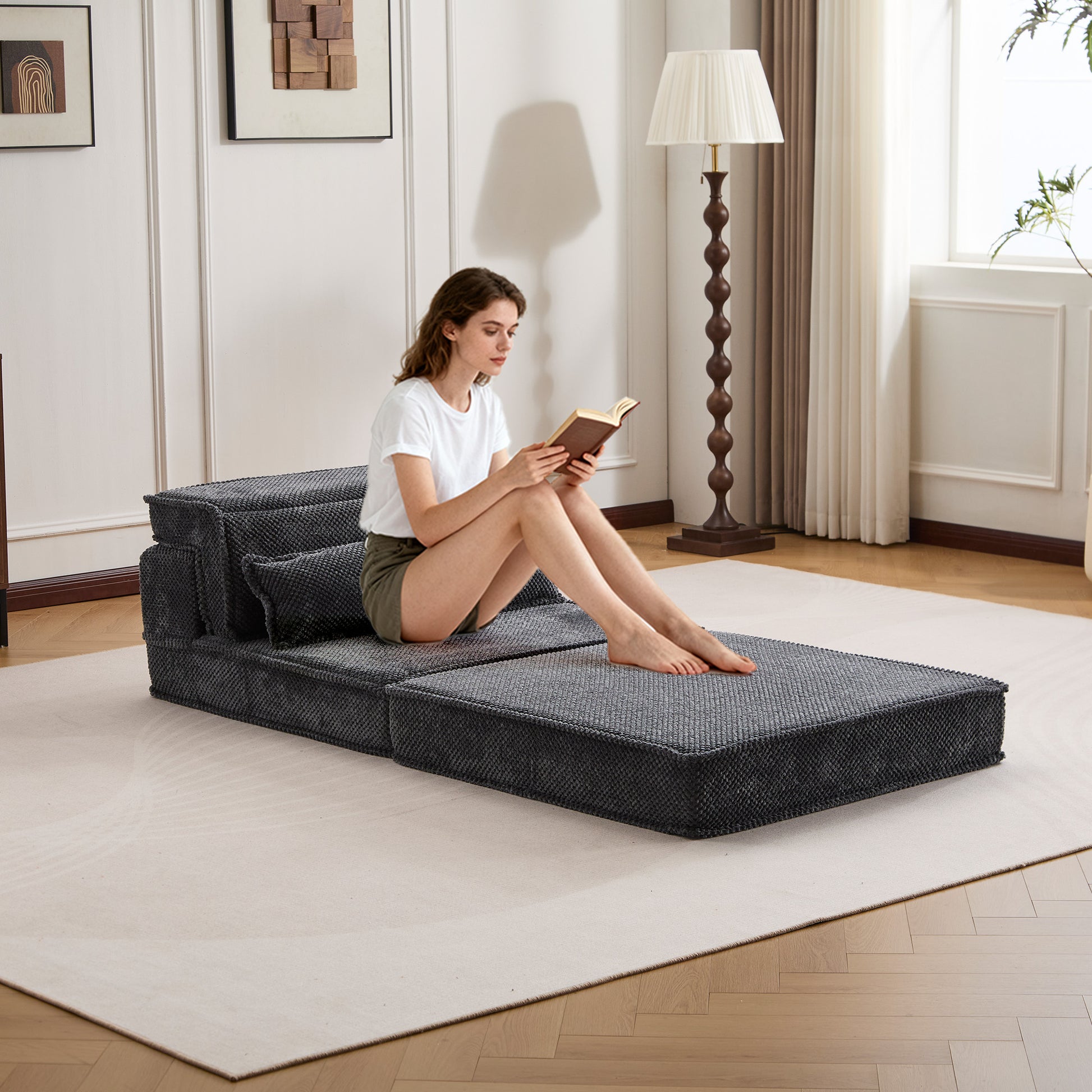 Compression Mahjong Sofa,Convertible Floor Sofa Bed,DIY Boneless Modular Sectional Sofa,No Assembly Required,Circle fleece fabric,Oversized Single Sofa with 1 Pillow,Dark Grey image 9