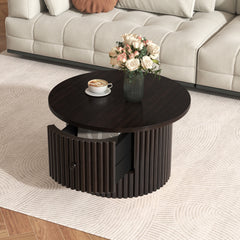 Round Coffee Table for Living Room in Natural, Farmhouse Coffee Table with a Drawer,  Center Table with Vertical Slat Base in 30.5"