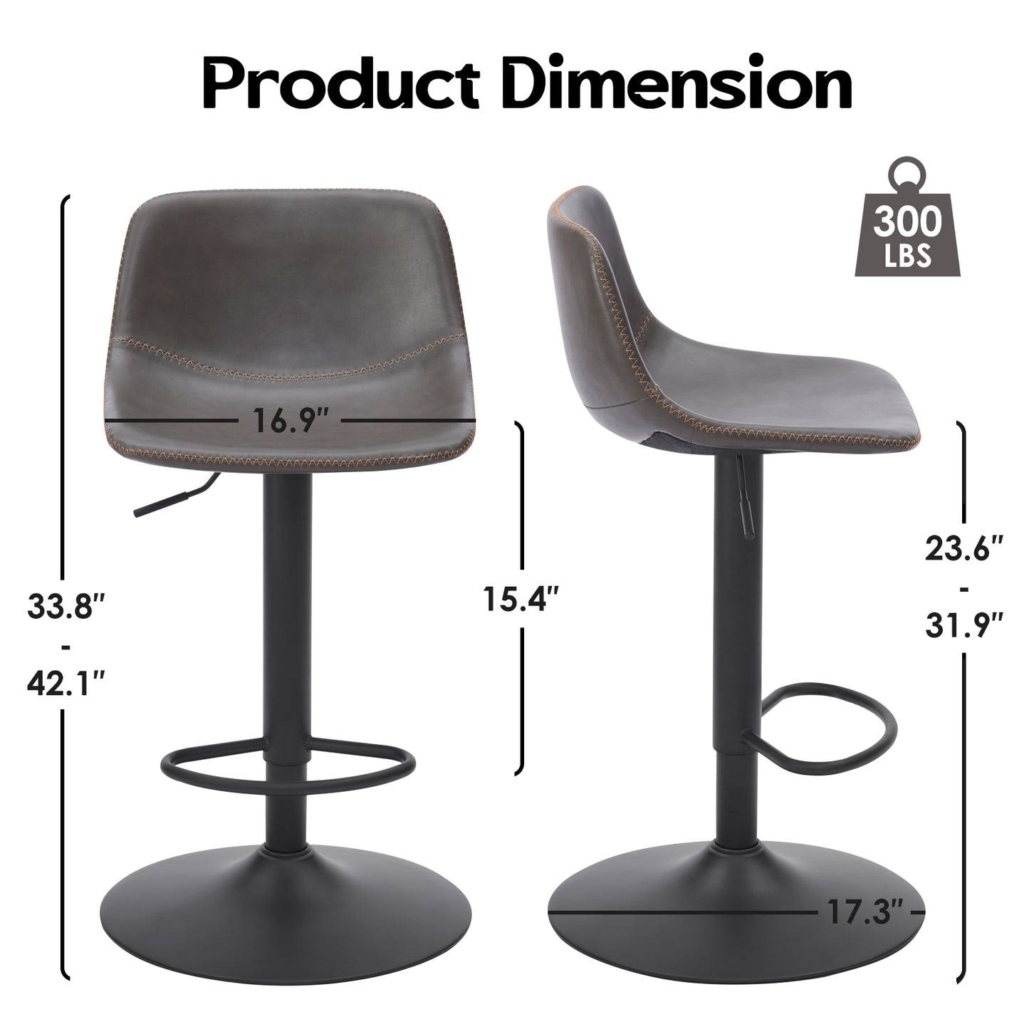 Adjustable Bar Stools Set of 2, Mid Century Modern Swivel Bar Stools, Industrial Bar Height Stools With Back Support Counter Height Bar Chairs Pu Leather Bar Stool for Kitchen Island Rustic Barstools image 6